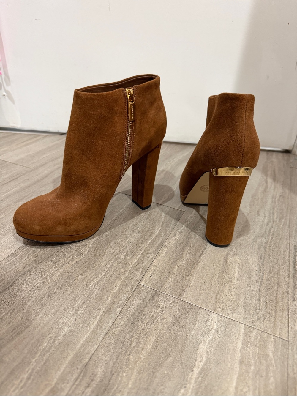 Michael Kors Brown Suede High Block Heel Ankle Booties with Gold Trim